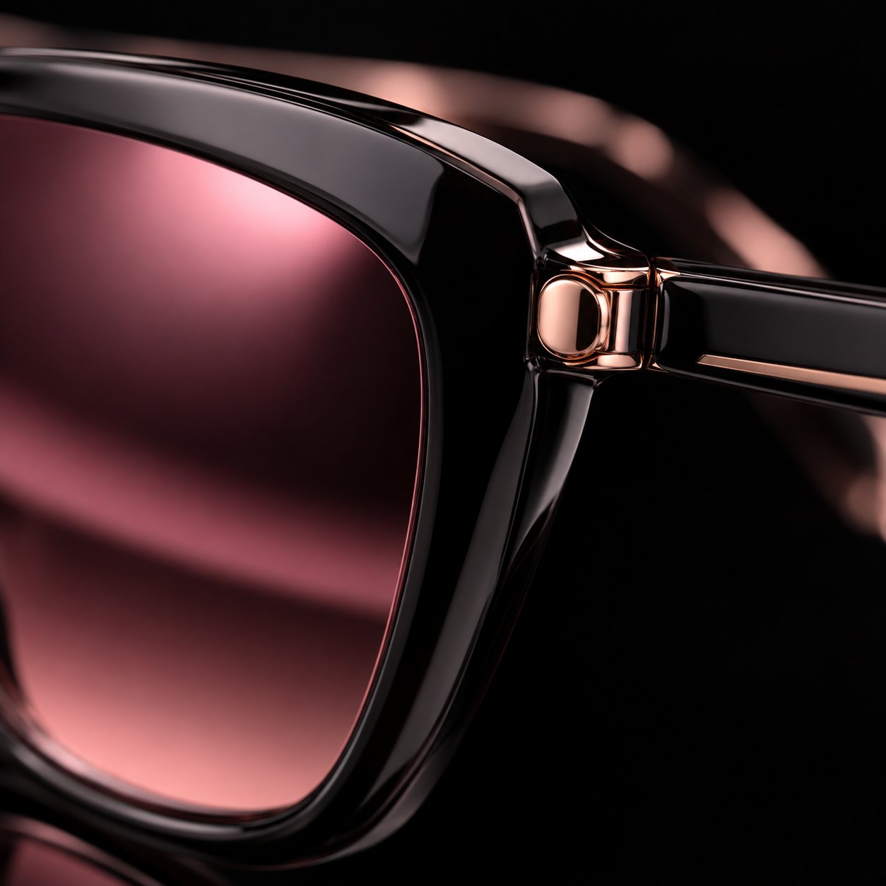 Close-up of the rose-gold hinge and the rose-tinted lens