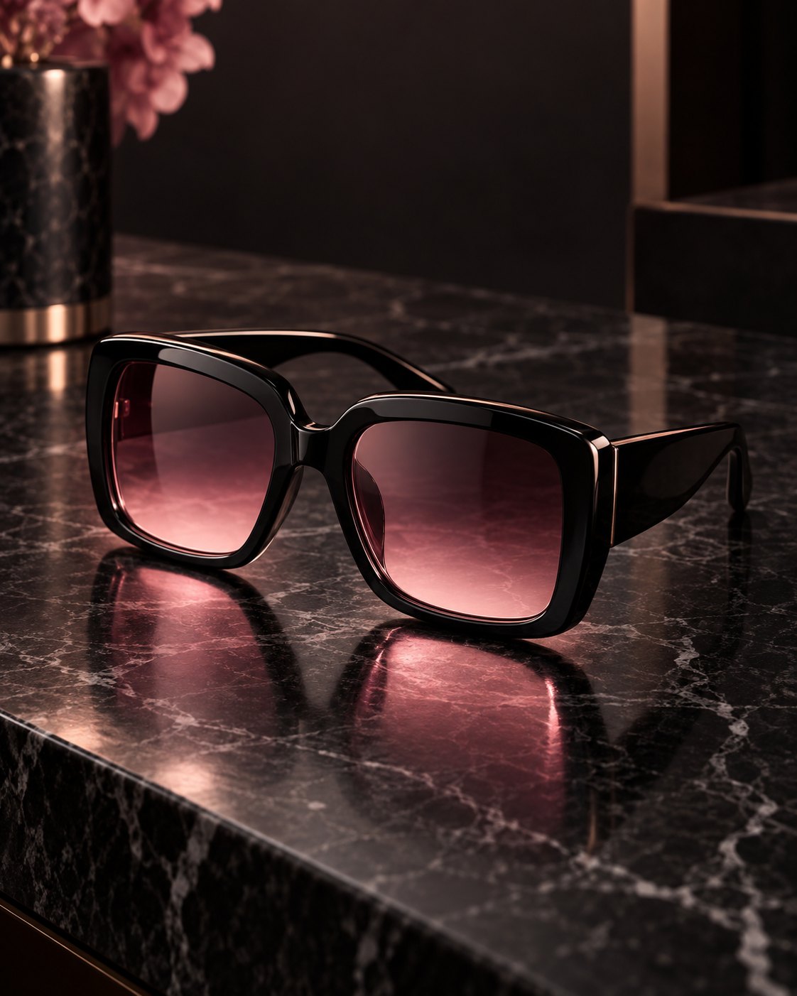 The Manhattan Rose pair resting on black marble, rose light reflected beside it
